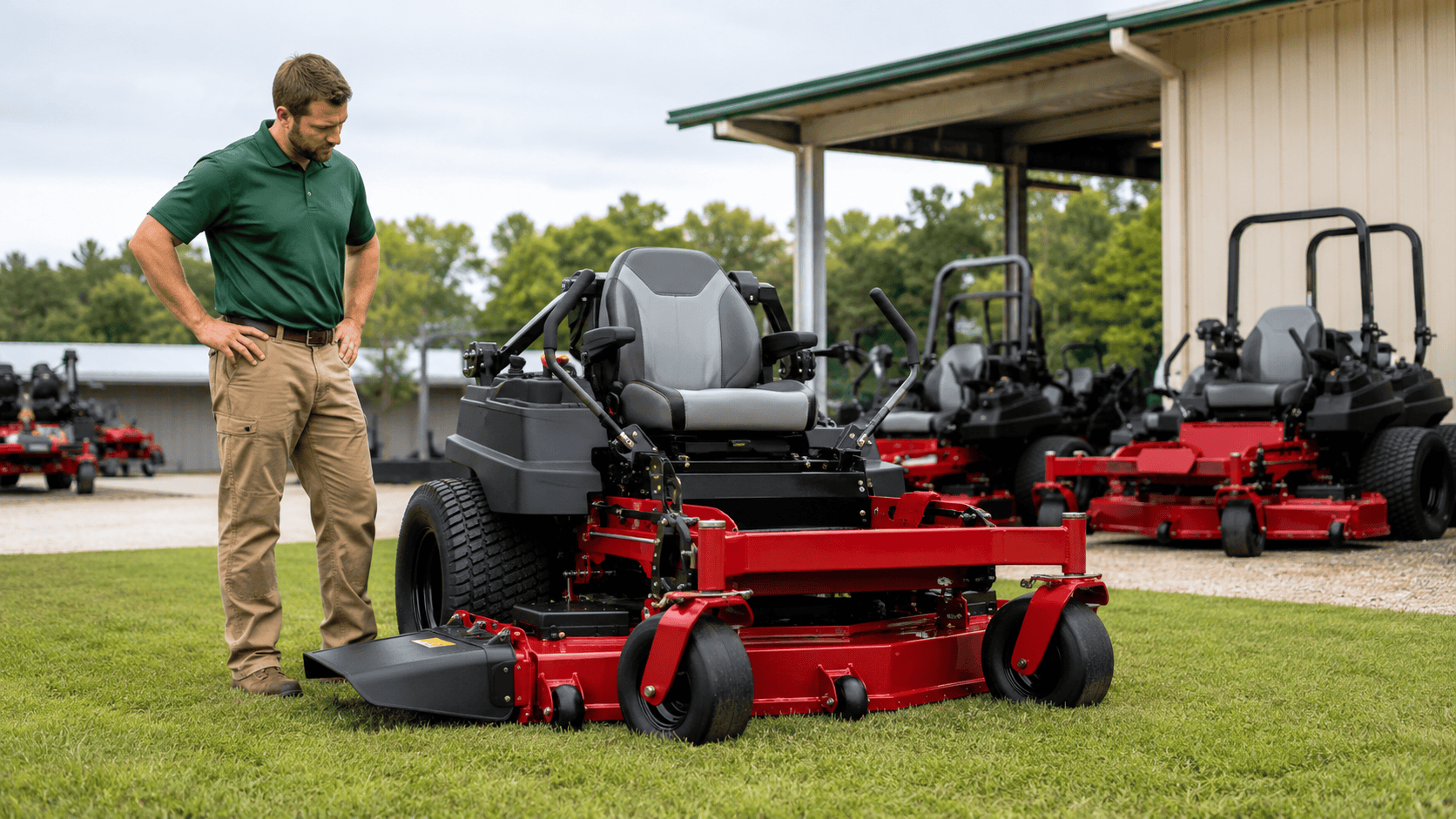 Landscaping professional inspecting a commercial zero-turn mower