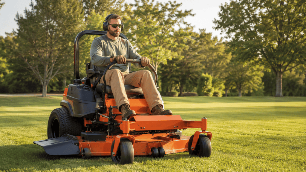 Operator wearing safety gear while using a zero-turn mower