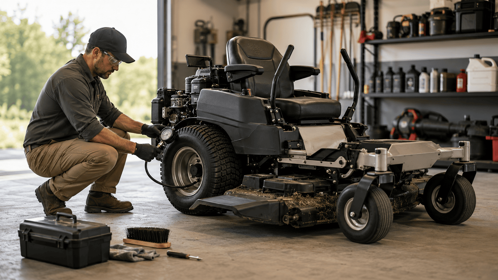 Landscaper performing routine maintenance on a commercial zero-turn lawn mower
