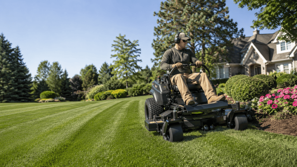 Professional operator using a commercial zero-turn mower with smooth steering control on a well-maintained lawn.