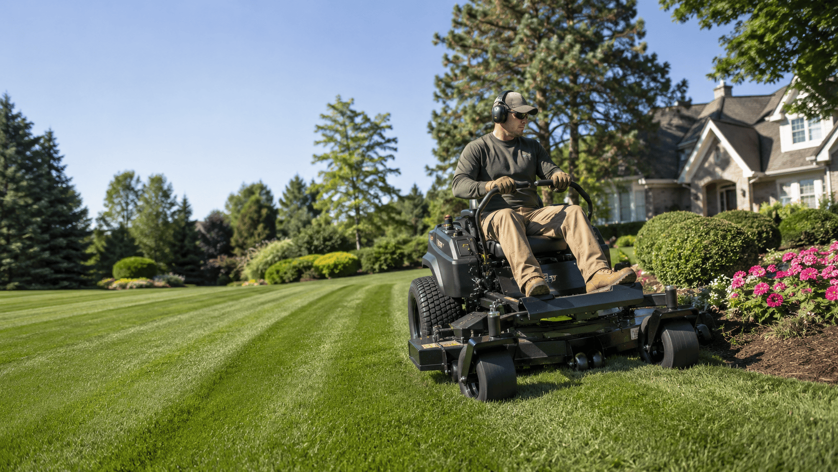 Professional operator using a commercial zero-turn mower with smooth steering control on a well-maintained lawn.