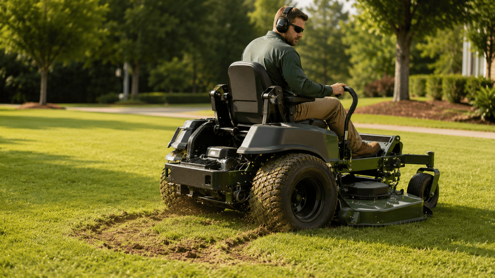 Zero-turn mower leaving a scuffed patch of grass during a sharp turn